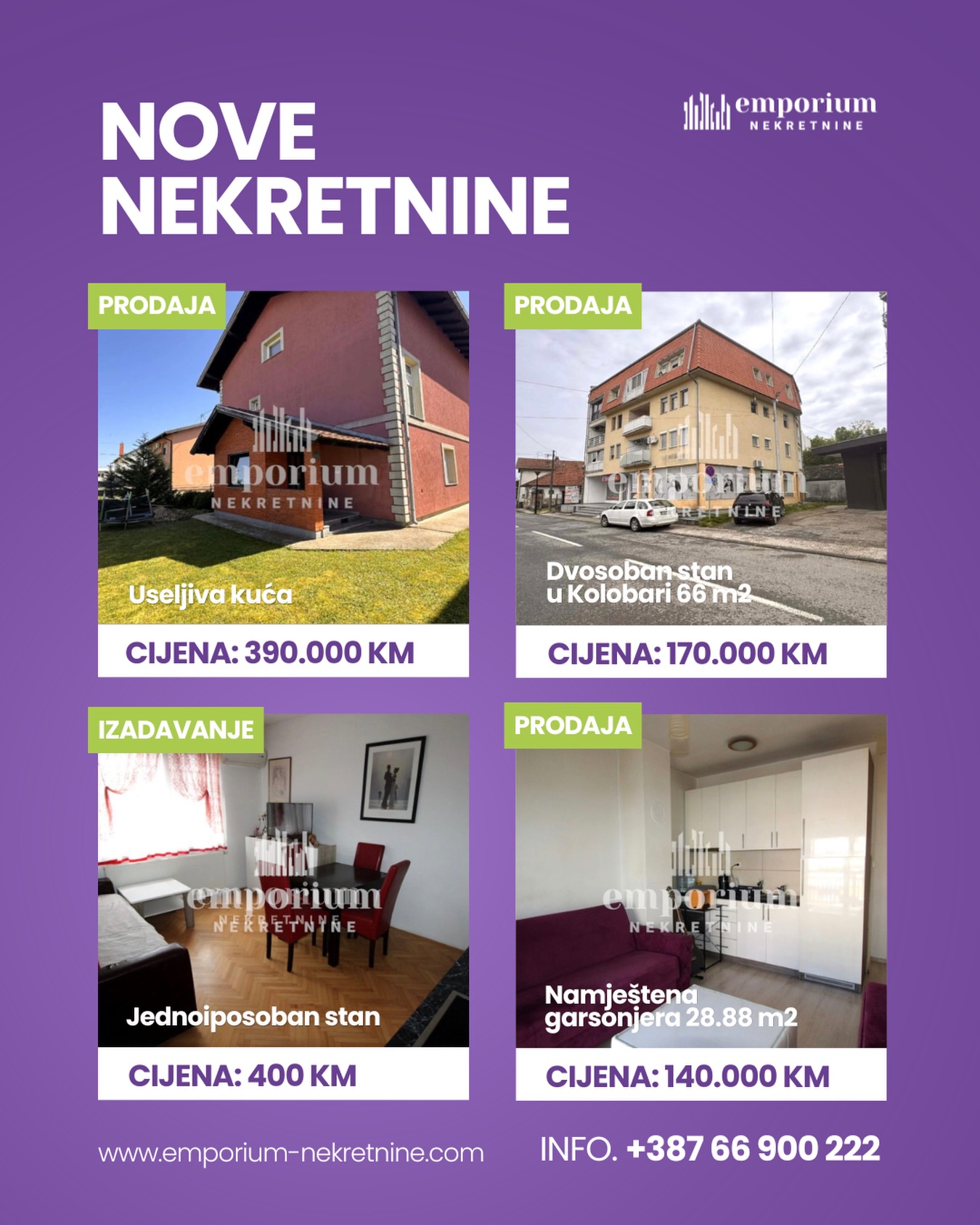 Za više informacija o ovim nekretninama kontaktirajte nas na broj 📞 066 900 222 ili nam pišite u DM.

Rado ćemo vam poslati sve detalje i organizovati razgledanje.

🚫 Sve naše usluge za kupce su besplatne!
 🌐 www.emporium-nekretnine.com

📍 Posjetite nas: Agencija za poslovanje nekretninama Ive Andrića br. 11, 76100 Brčko distrikt 

Emporium Nekretnine su mjesto gdje budućnost nije briga. 💜