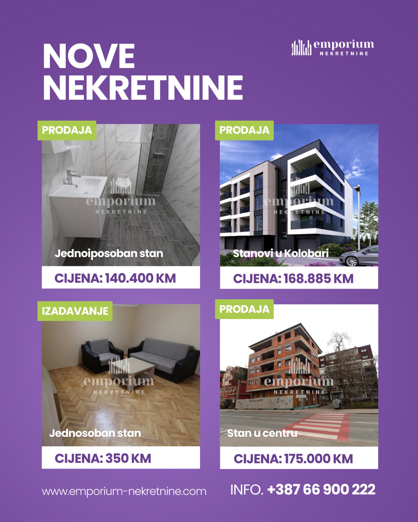Za više informacija o ovim nekretninama kontaktirajte nas na broj 📞 066 900 222 ili nam pišite u DM.
Rado ćemo vam poslati sve detalje i organizovati razgledanje.
🚫 Sve naše usluge za kupce su besplatne!
🌐 www.emporium-nekretnine.com
📍 Posjetite nas:
Agencija za poslovanje nekretninama
Ive Andrića br. 11, 76100 Brčko distrikt
Emporium Nekretnine su mjesto gdje budućnost nije briga. 💜