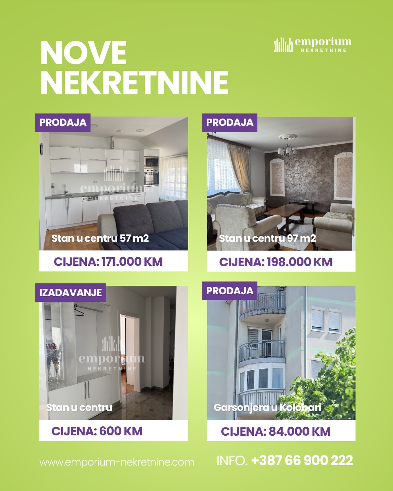 Za više informacija o ovim nekretninama kontaktirajte nas na broj 📞 066 900 222 ili nam pišite u DM.

Rado ćemo vam poslati sve detalje i organizovati razgledanje.

🚫 Sve naše usluge za kupce su besplatne!
 🌐 www.emporium-nekretnine.com

📍 Posjetite nas: Agencija za poslovanje nekretninama Ive Andrića br. 11, 76100 Brčko distrikt 

Emporium Nekretnine su mjesto gdje budućnost nije briga. 💜