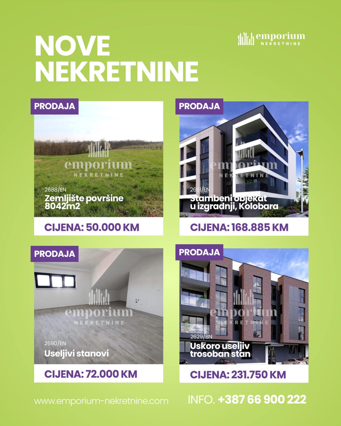 Za više informacija o ovim nekretninama kontaktirajte nas na broj 📞 066 900 222 ili nam pišite u DM.

Rado ćemo vam poslati sve detalje i organizovati razgledanje.

🚫 Sve naše usluge za kupce su besplatne!
 🌐 www.emporium-nekretnine.com

📍 Posjetite nas: Agencija za poslovanje nekretninama Ive Andrića br. 11, 76100 Brčko distrikt 

Emporium Nekretnine su mjesto gdje budućnost nije briga. 💜