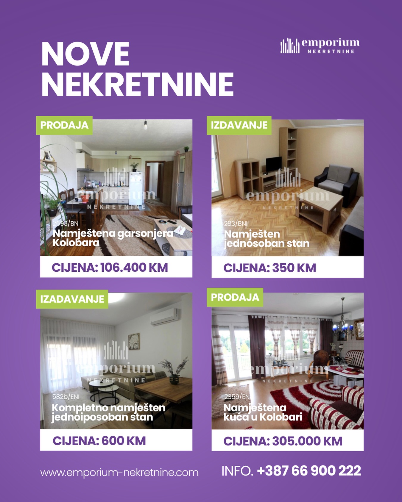 Za više informacija o ovim nekretninama kontaktirajte nas na broj 📞 066 900 222 ili nam pišite u DM.

Rado ćemo vam poslati sve detalje i organizovati razgledanje.

🚫 Sve naše usluge za kupce su besplatne!
 🌐 www.emporium-nekretnine.com

📍 Posjetite nas: Agencija za poslovanje nekretninama Ive Andrića br. 11, 76100 Brčko distrikt 

Emporium Nekretnine su mjesto gdje budućnost nije briga. 💜